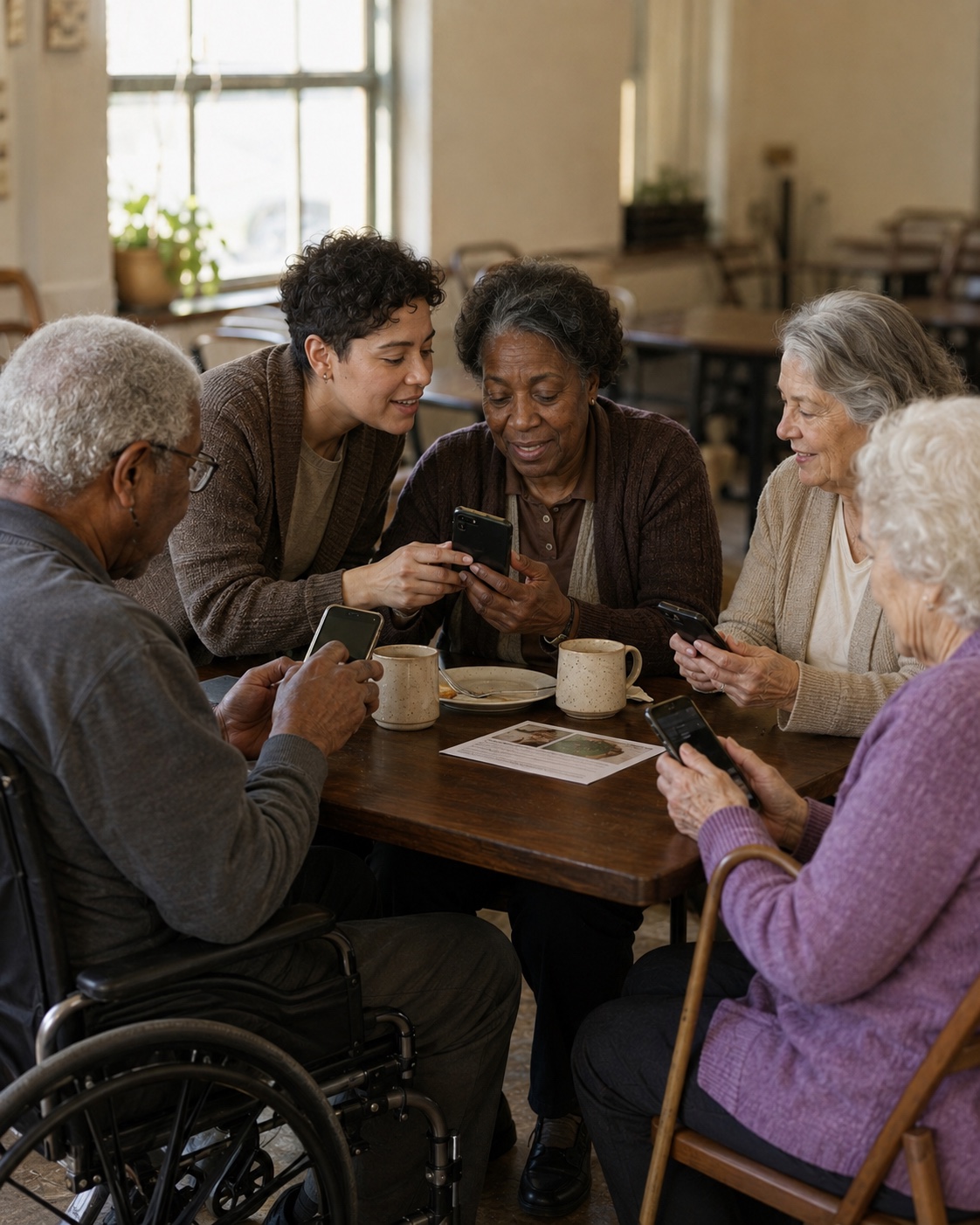 Older adults and a program coordinator learning together with phones around a community-room table