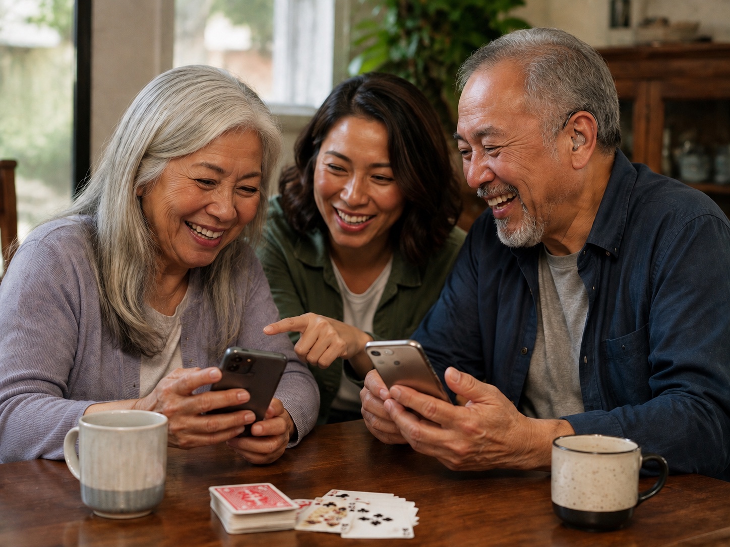 Two older adults and a younger neighbor laughing together as they practice with phones at a card table