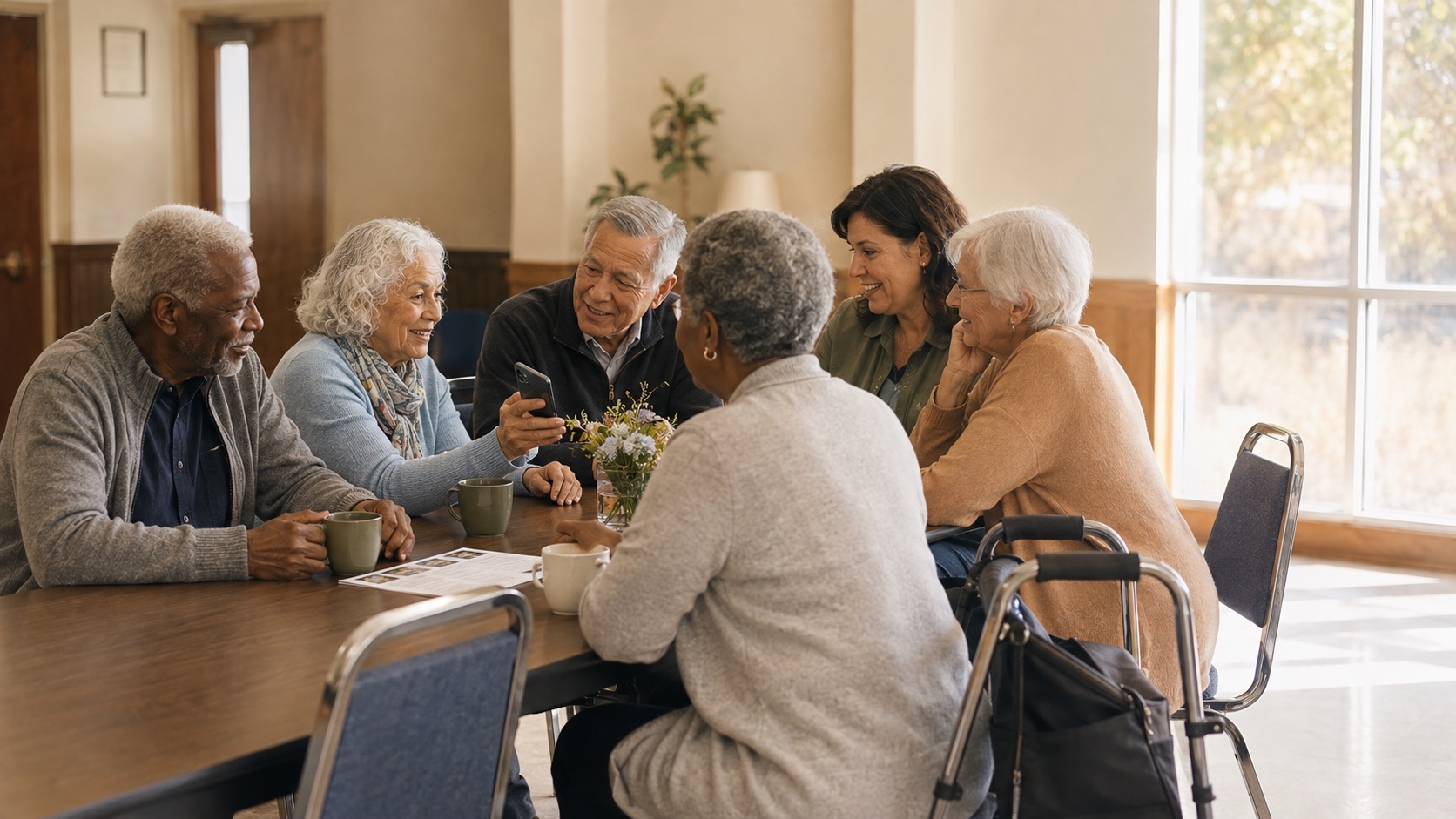Older adults sharing a phone and conversation around a community-room table, with mugs and a walker nearby