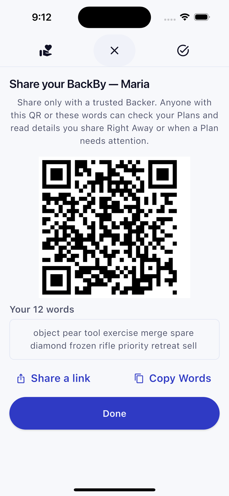 BackBy Manage Backers screen showing a pairing QR code and 12 words to share with a Backer