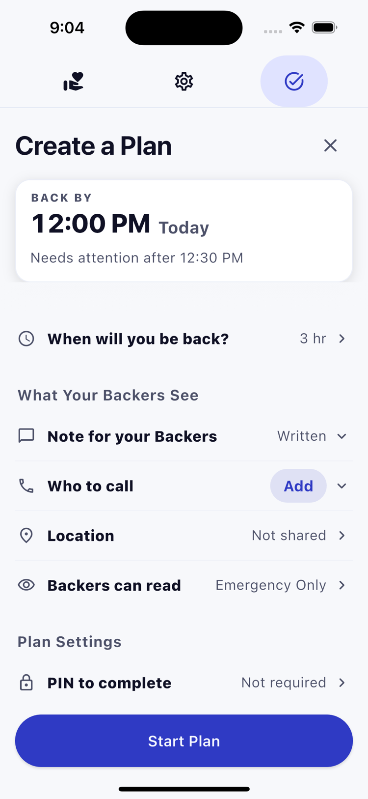 BackBy Create a Plan screen with a back-by time, a note for your Backers, who to call, location not shared, Backers can read set to Emergency Only, and a PIN to complete